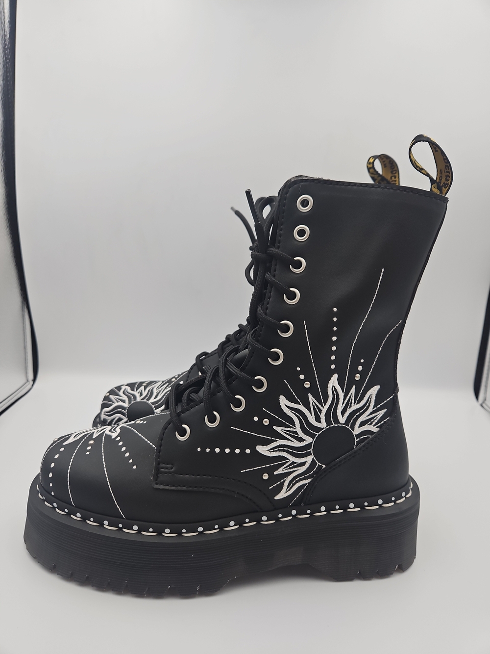 Dr. Martens Black Platform Lace-Up Boots with White Sunburst Stitching